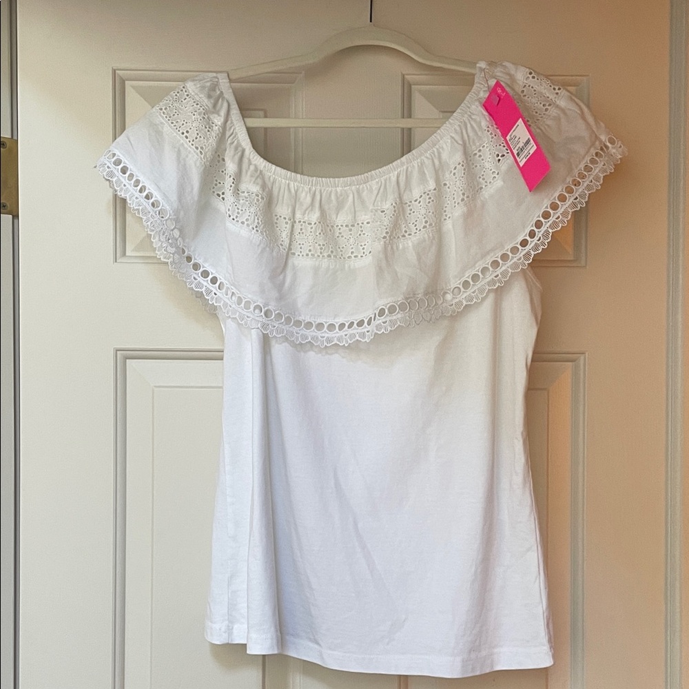 Lilly Pulitzer White Eyelet Off-Shoulder, Asymmetrical Blouse 
NWT